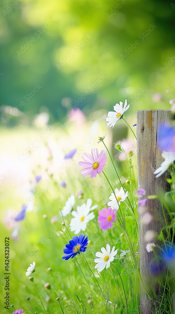 An old wooden fence post in a field of flowers.