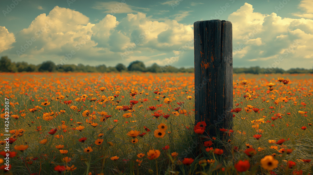 An old wooden fence post in a field of flowers.