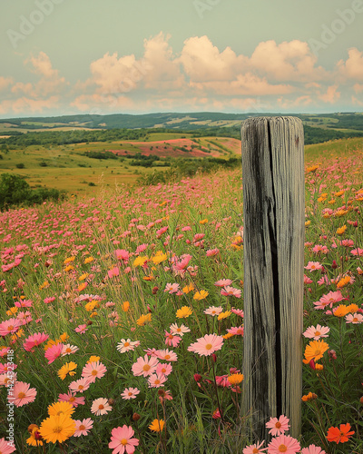 An old wooden fence post in a field of flowers. 