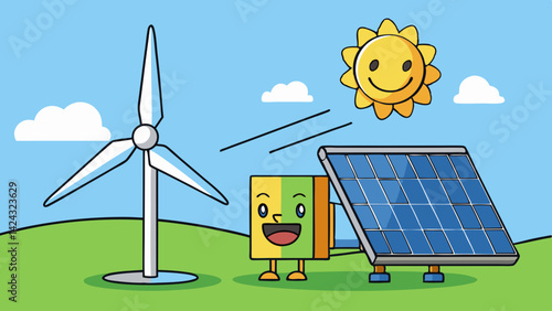 Cartoon scene depicting solar panel wind turbine and battery friend characters