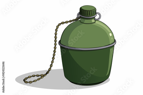 Classic army green canteen with chain isolated on white background vector