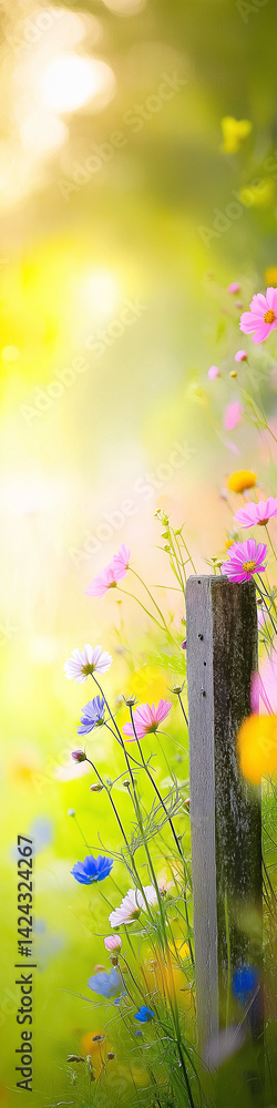 An old wooden fence post in a field of flowers.