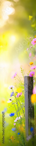 An old wooden fence post in a field of flowers. 