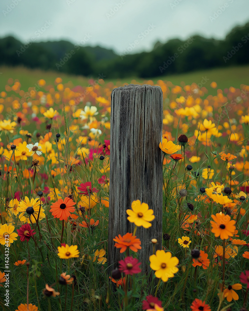 An old wooden fence post in a field of flowers.