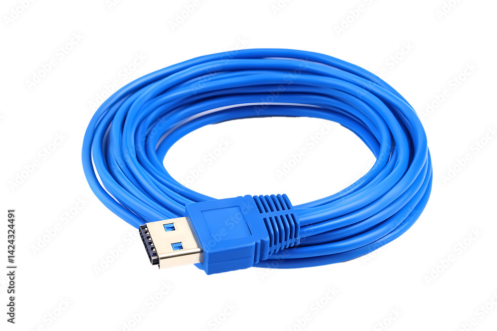 Coiled Blue USB Cable Data Transfer Technology Coiled Blue USB Cable Data Transfer Technology