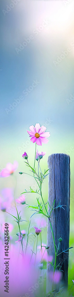 An old wooden fence post in a field of flowers.