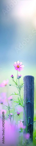 Obraz na płótnie An old wooden fence post in a field of flowers. w salonie