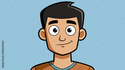 Cartoon portrait of a young man with dark hair and gentle smile
