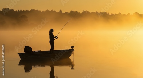 Woman Fishing on Lake at Sunset