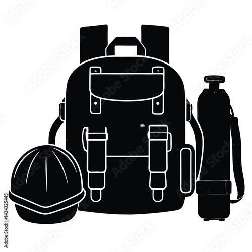 isolated Black soldier backpack gear on white background