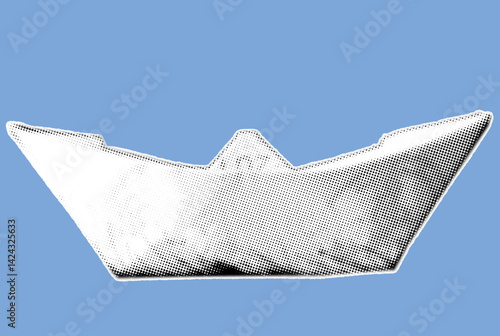 close up of paper boat pixelate grayscale color halftone dotted texture style collage element isolated on blue background