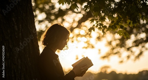 Woman Reading Book Under Tree at Sunset