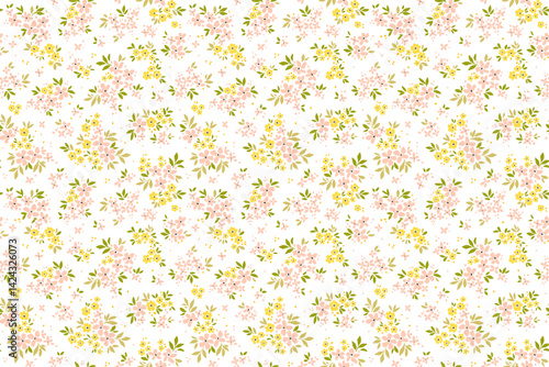 Vintage floral background. Seamless vector pattern for design and fashion prints. Flowers pattern with small pink and yellow flowers on a white background. Ditsy style. Cute fashion summer print. 