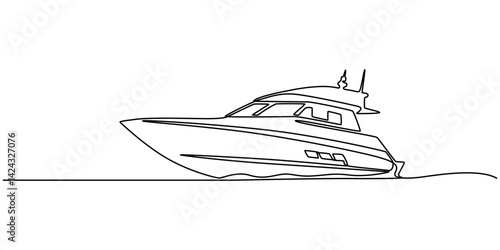 Continuous singe one line drawing art of luxury yacht speed boat sailing cruise vector illustration, Speed boat in continuous one line drawing. Single line art illustration of sailing boat. motorboat.