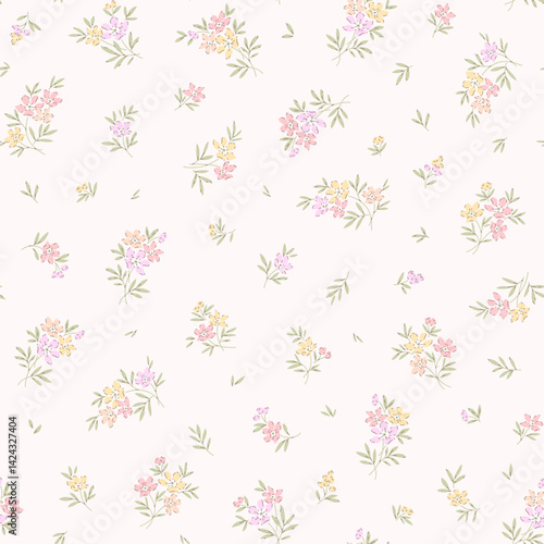 Vector seamless pattern. Liberty pattern in small flowers. Small pastel colorful flowers. White background. Ditsy floral background. Delicate vintage template for fashion prints. Stock vector pattern