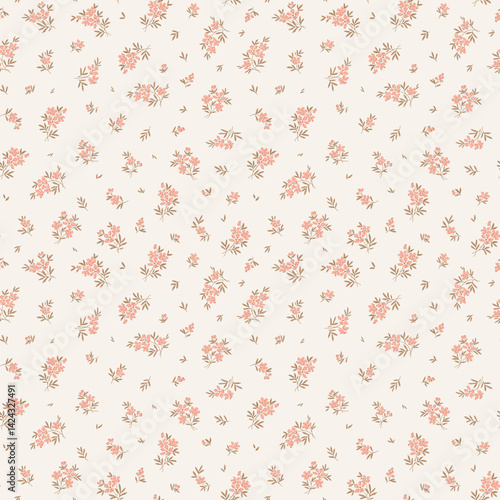 Beautiful floral pattern in small delicate flowers. Small pastel pink flowers. Cream color background. Ditsy print. Floral seamless background. Vintage template for fashion prints. Stock pattern