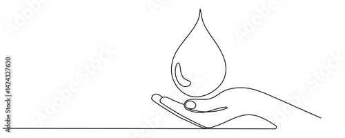 Line drawing hand catch the water droplets. Water drops mark the end of the dry season. Abundant water. Increase gratitude. World Water Day. One line design vector illustration Editable stroke