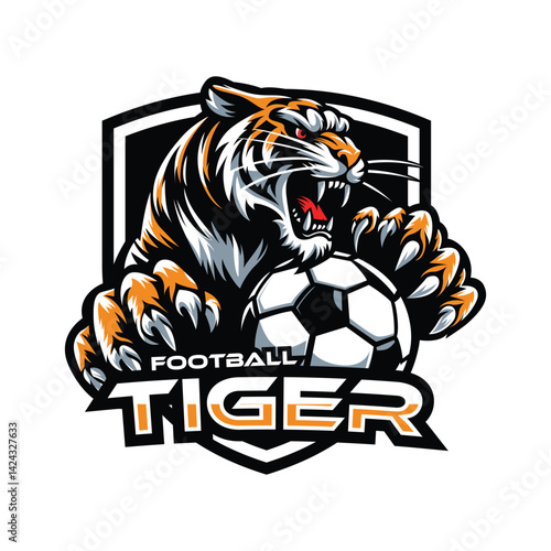 Tiger football logo design, tiger mascot holding a ball, soccer logo for team and club