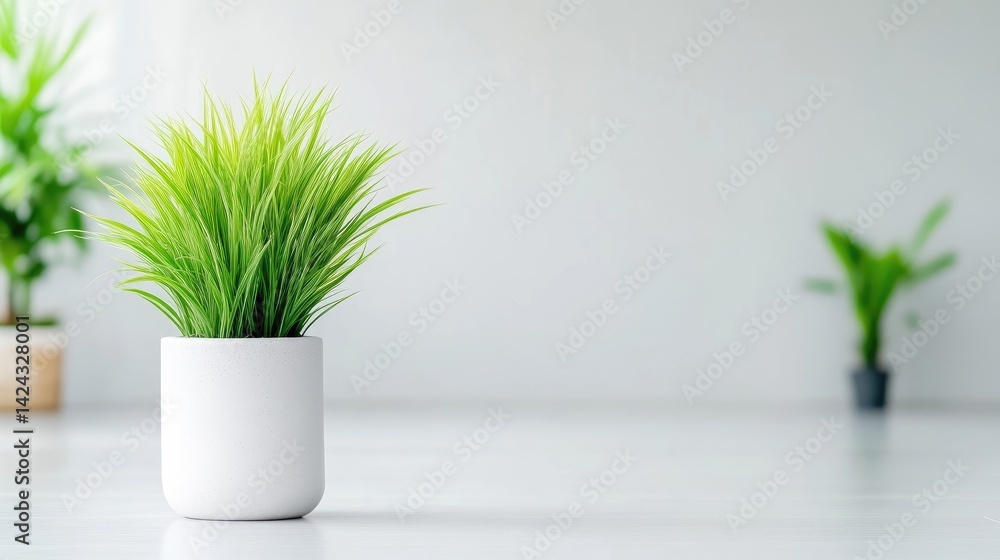 A green plant in a white pot sitting on a minimalist white surface, indoor setting with soft natural light, and modern and clean composition. A green plant in a white pot sitting on a minimalist white surface, indoor setting with soft natural light, and modern and clean composition.