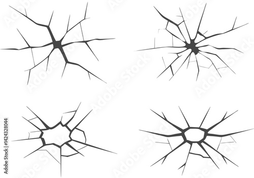 Cracks in Glass – High-Contrast Monochrome Broken Glass Vector with Fracture Patterns

