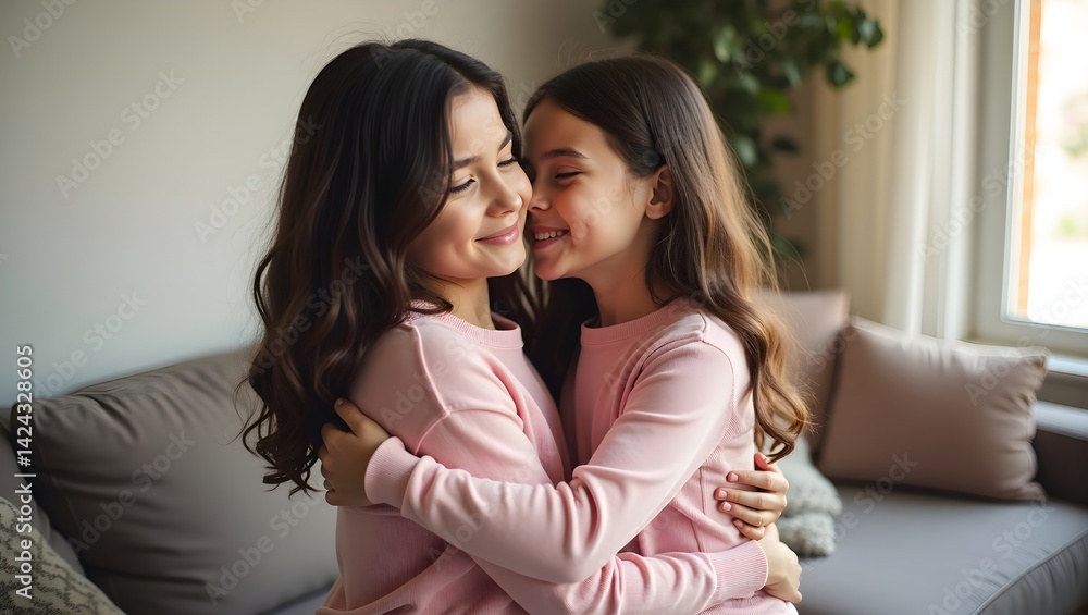 Mother with daughter at home hugging Mother with daughter at home hugging