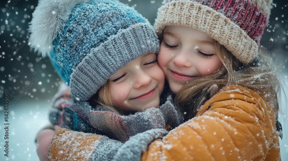 Two smiling siblings hugging warmly outdoors on a snowy winter day, wearing cozy jackets and knitted hats. Two smiling siblings hugging warmly outdoors on a snowy winter day, wearing cozy jackets and knitted hats.