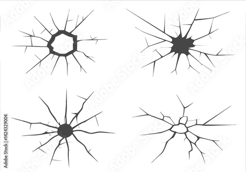 Cracks in Glass – High-Contrast Monochrome Broken Glass Vector with Fracture Patterns

