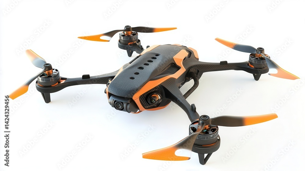 A modern orange and black drone with intricate design. A modern orange and black drone with intricate design.