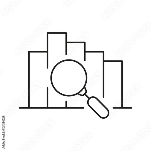 Bar Chart With Magnifying Glass Line Icon. Data Analysis, Business Insights, And Statistical Evaluation Outline Symbol. Research And Analytics. Editable Stroke. Isolated Vector Illustration