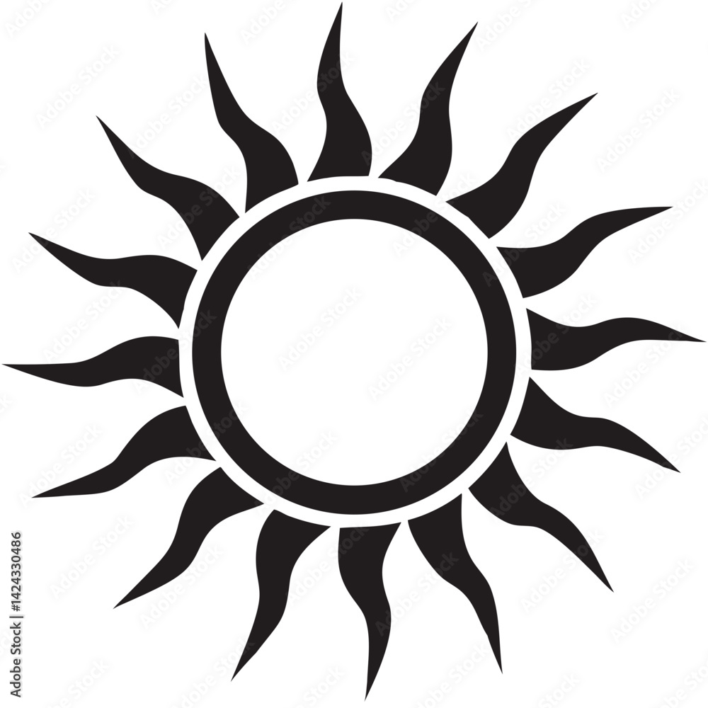 A bold, stylized sun radiating warmth and energy in a striking black and white graphic design. A bold, stylized sun radiating warmth and energy in a striking black and white graphic design.