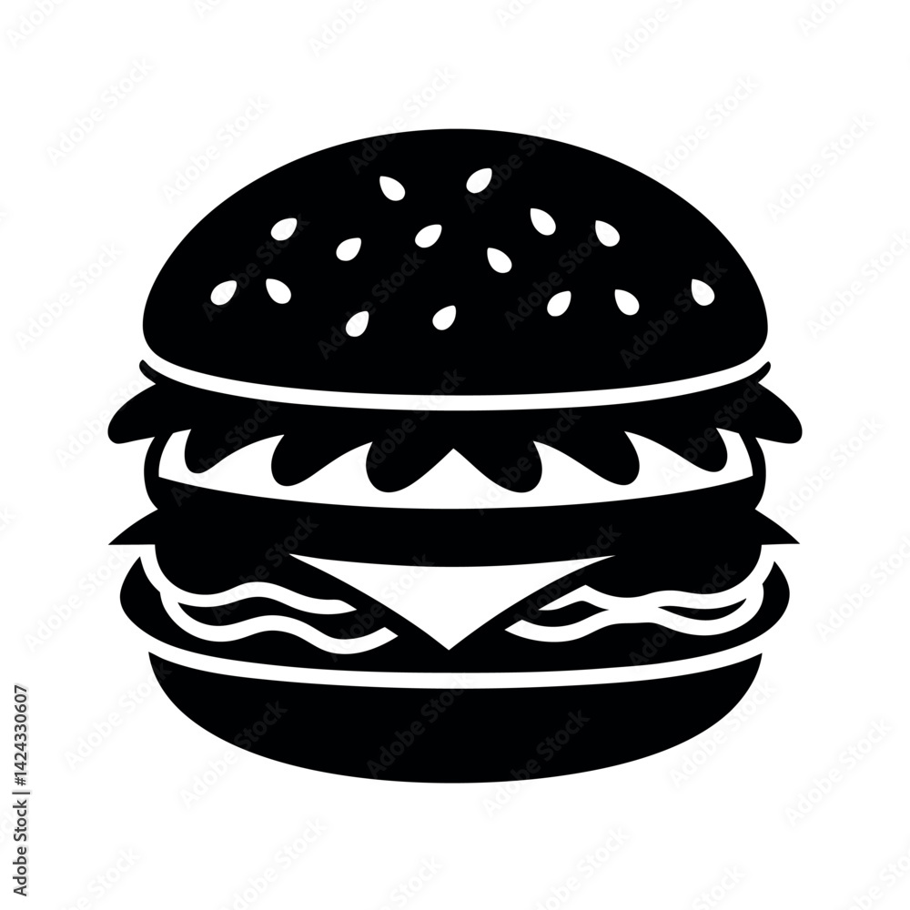 Burger Icon Black Vector On White Background Burger Icon Black Vector On White Background