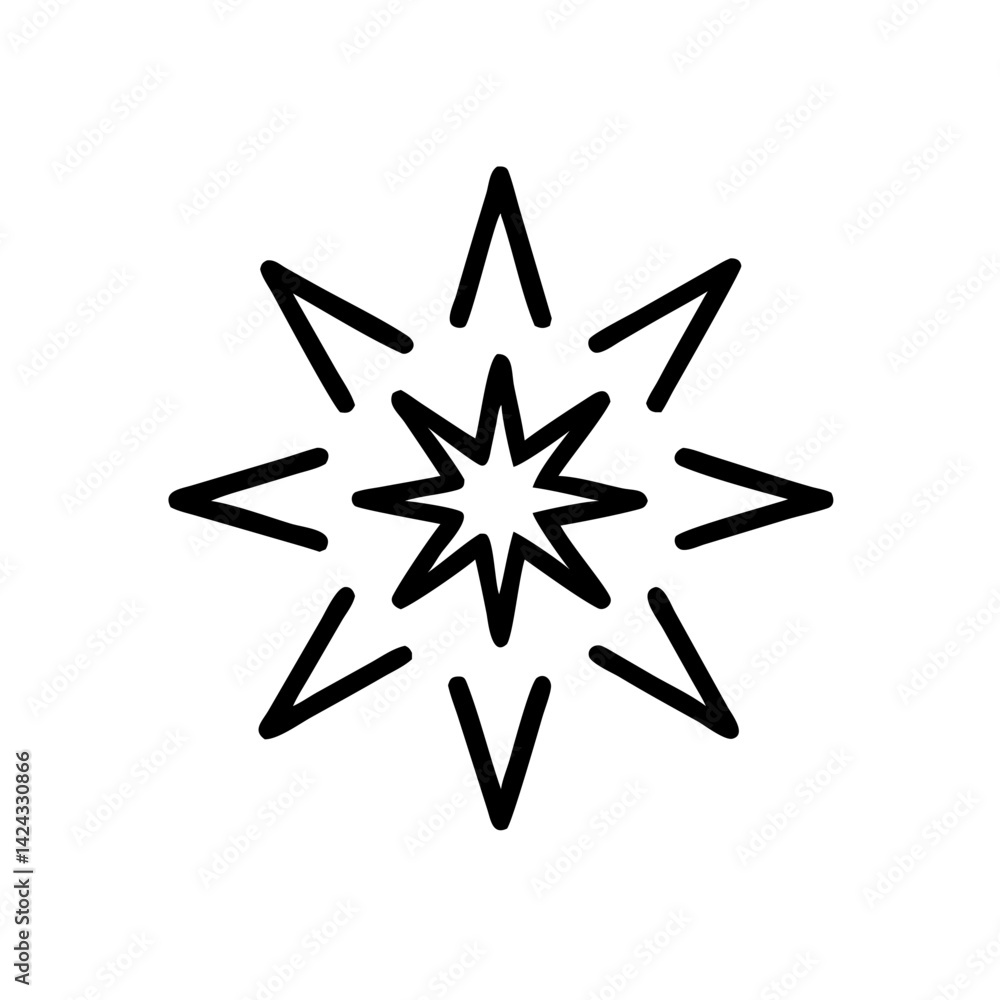 A radiant burst of energy, a dazzling star radiating light and power with bold, black lines on a white background. A radiant burst of energy, a dazzling star radiating light and power with bold, black lines on a white background.