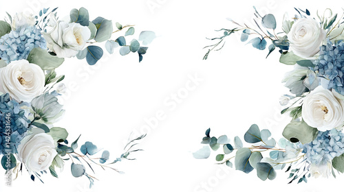 Watercolor rose and blue floral frame Background