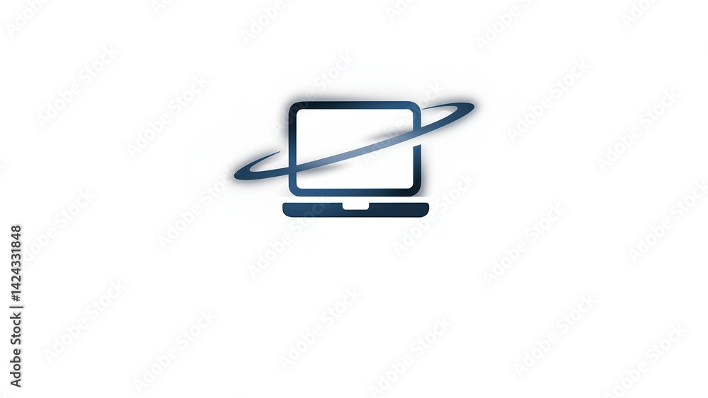  Background for design with icon of laptop monitor with circular orbit, rotating ring around the screen on white background with space for text. For IT companies, online services, internet platforms 
