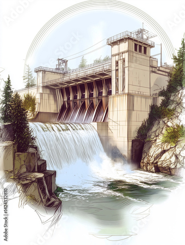 Beautiful landscape with large dam and river. Illustration of hydroelectric dam showing renewable energy from natural resources