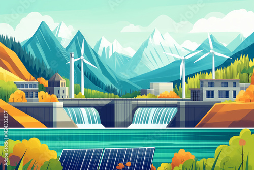 Illustration of hydroelectric dam showing renewable energy from natural resources. Beautiful landscape with large dam and river