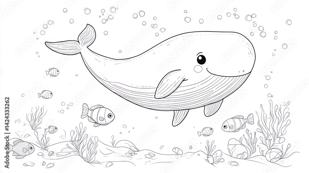 Obraz premium Cute whale in underwater scene, coloring book illustration