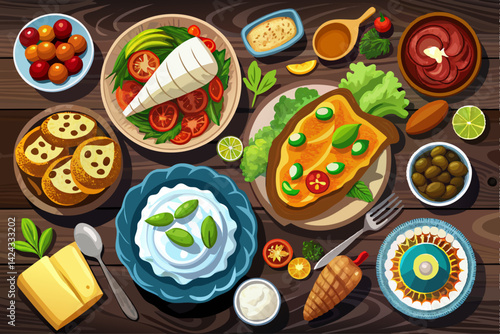 vector of Selection of traditional Greek food - salad, meze, pie, fish, tzatziki, dolma on wooden background, top view