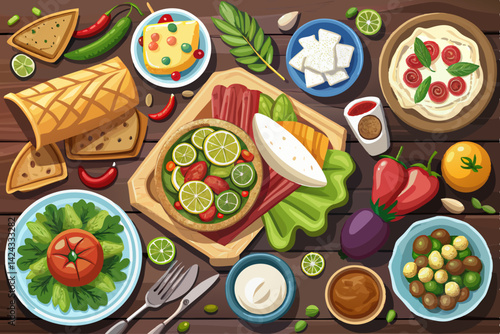 vector of Selection of traditional Greek food - salad, meze, pie, fish, tzatziki, dolma on wooden background, top view