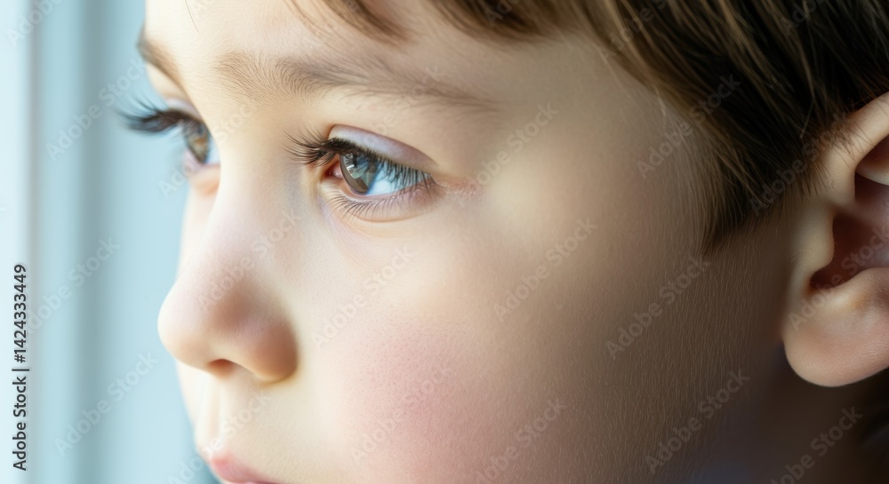 Caucasian male child gazing out of window with thoughtful expression Caucasian male child gazing out of window with thoughtful expression