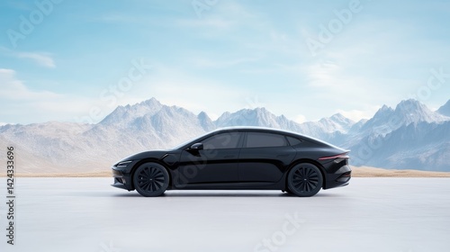 Sleek black electric car on a pristine white road,  mountain backdrop