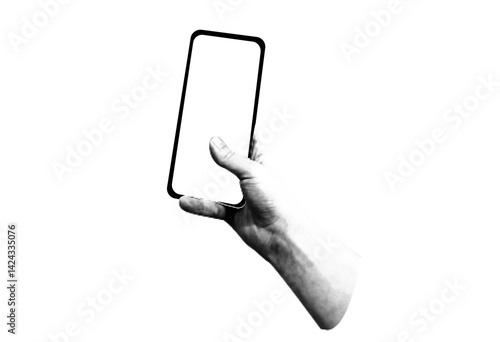 Collage halftone hand holding smart  phone. Modern vector rock illustration isolated cut out element for infographic presentations mediapromotion poster website