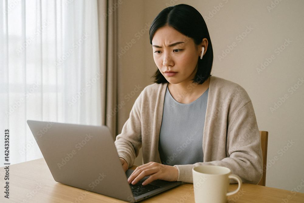 Fototapeta premium Serious Young Asian Woman Working Remotely on Laptop at Home with Earbuds and Coffee in Cozy Setting