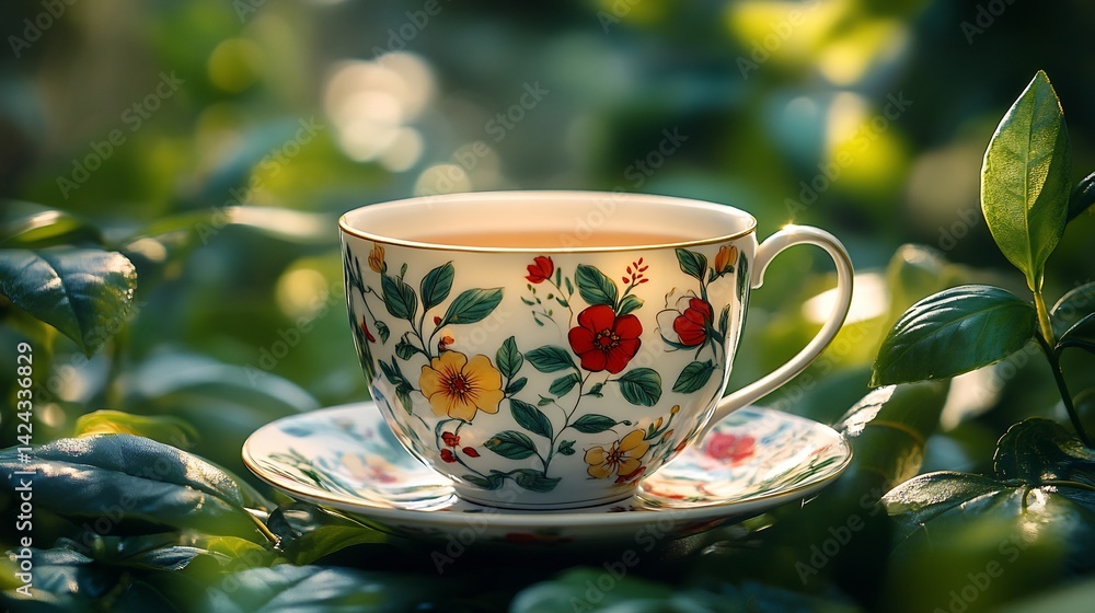 Fototapeta premium Bone china teacup captured using macro photography in a forest setting The fine details of the cups floral pattern are in sharp focus with a blurred green backdrop adding a touch of nature