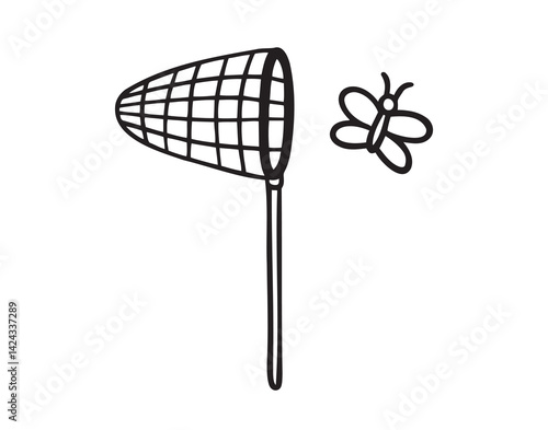 catching butterfly cartoon butterfly net icon doodle hand drawn. Outline line drawing clipart symbol