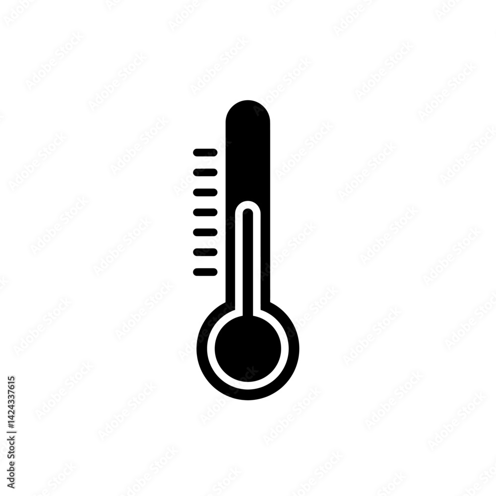 Minimal thermometer icon in solid black silhouette with round bulb and vertical indicator Minimal thermometer icon in solid black silhouette with round bulb and vertical indicator