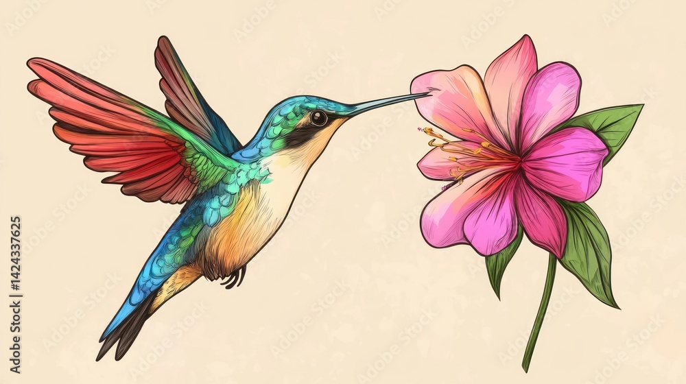 Obraz premium Hummingbird feeding on pink flower, nature background, illustration
