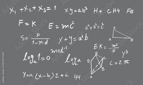 Chalkboard mathematical equations, Handwritten formulas Geometry diagrams, Triangle sketches Physics symbols, Algebra expressions, Scientific notations background