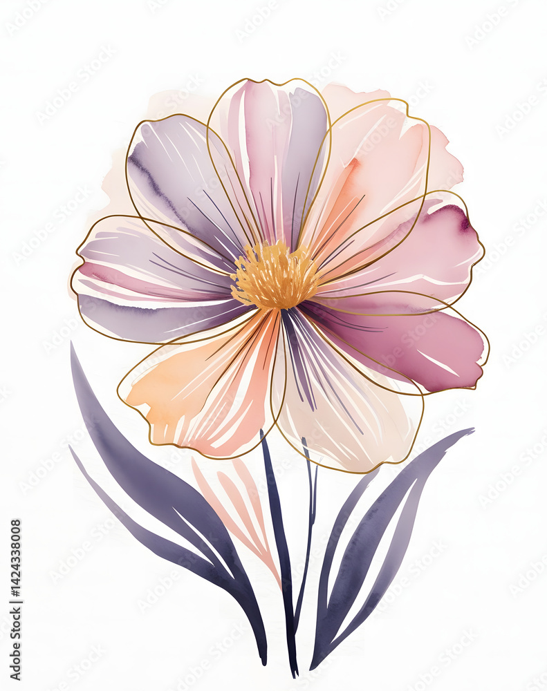 Fototapeta premium Beautiful watercolor painting of a flower with detailed green leaves, capturing natural delicate botanical beauty in art. Ai generated hand painted vibes image for textures, wrappers, cards, gift etc.