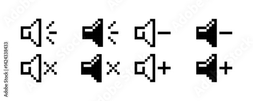 Set of pixelated speaker volume icons, speaker volume icons, pixel art.